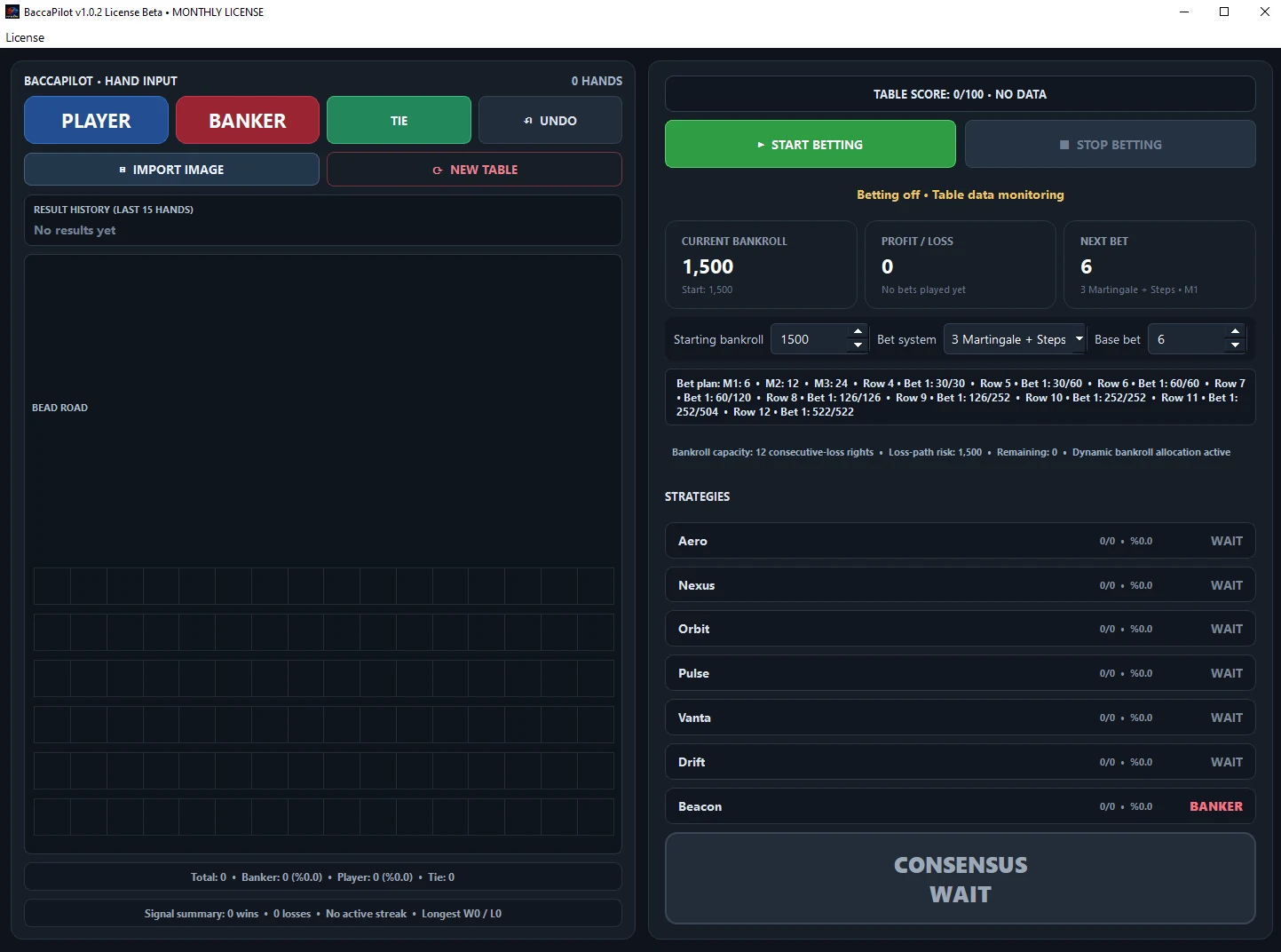 BaccaPilot Windows desktop application interface